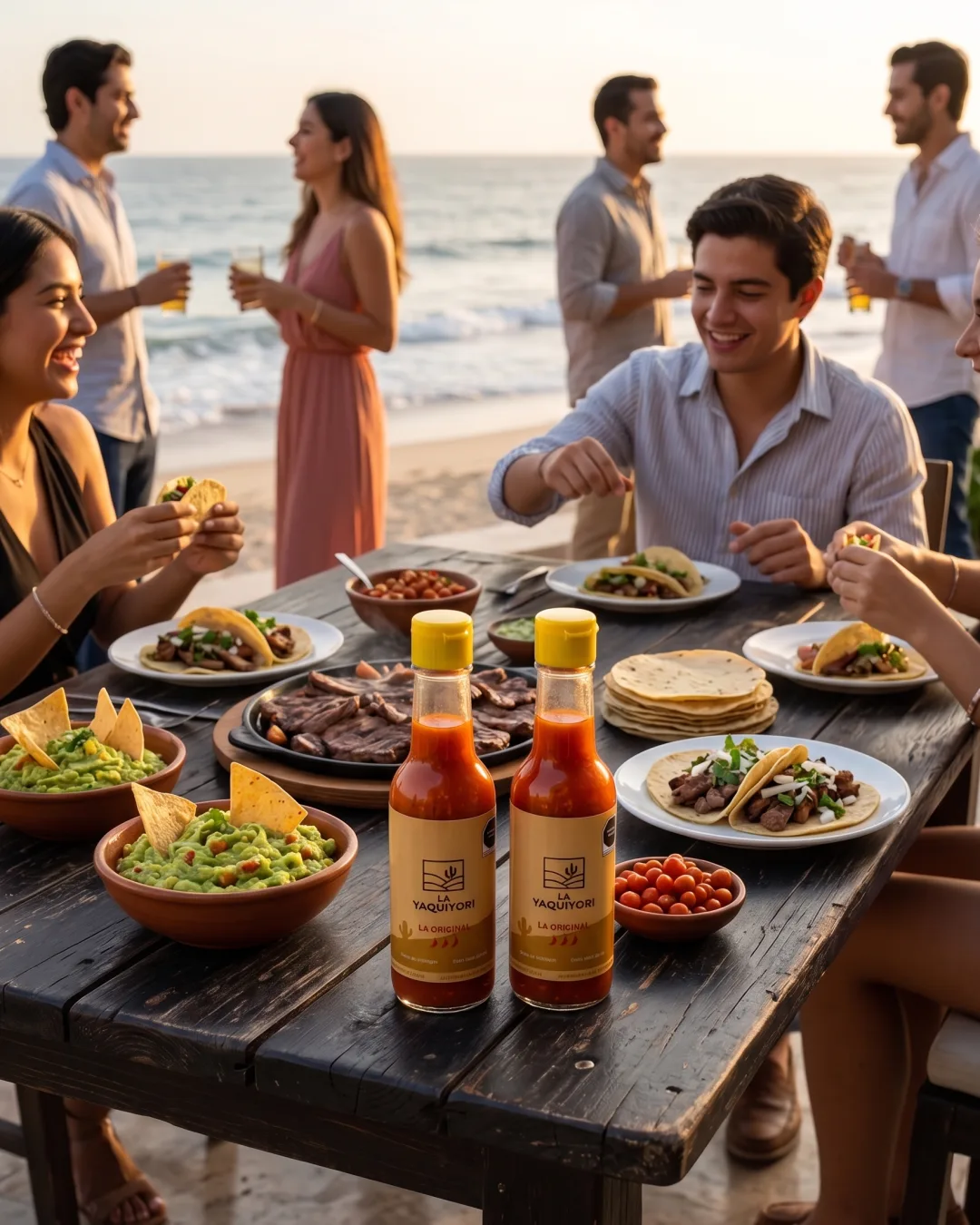 Pack Duo — two bottles of La Yaquiyori chiltepin hot sauce on a taco table at sunset