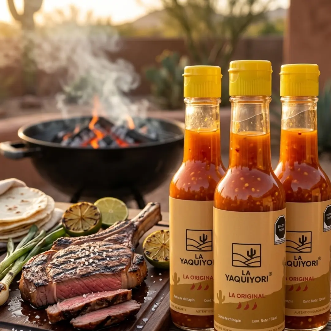 Pack Parrillero — salsa de chiltepín silvestre La Yaquiyori junto a una parrilla en Sonora