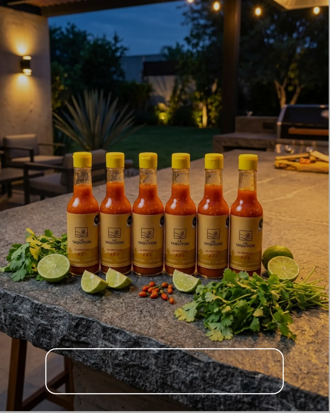 Reserva de la Sierra — six bottles of La Yaquiyori chiltepin hot sauce in a Sonoran patio