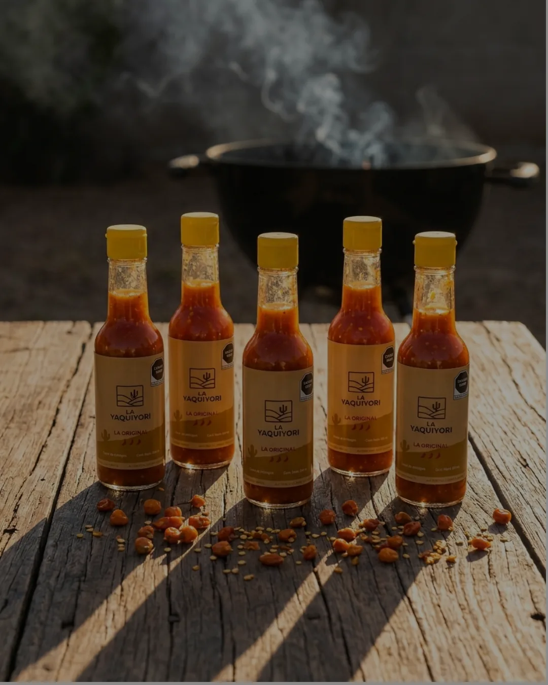Reserva de la Sierra — bottles of La Yaquiyori chiltepin hot sauce in front of the grill