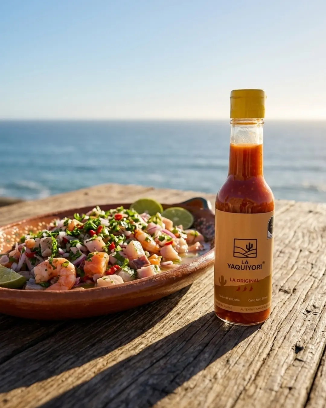 La Yaquiyori La Original wild chiltepin hot sauce beside fresh shrimp ceviche by the sea in Sonora