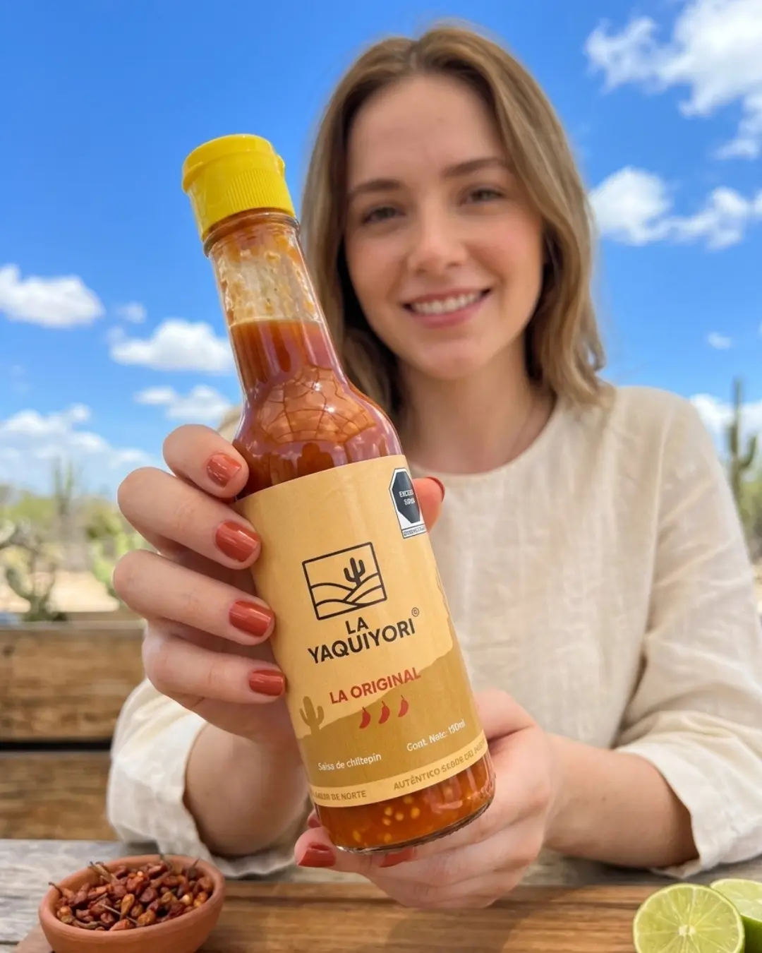 A woman holds a bottle of La Yaquiyori La Original wild chiltepin hot sauce beside a clay bowl of dried chiltepines and fresh lime